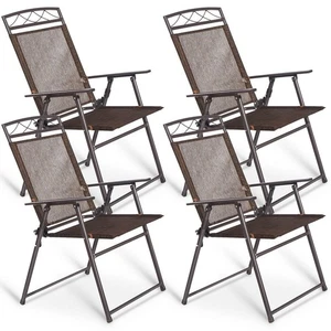 Set of 4 Patio Folding Sling Chairs Steel Textilene Camping Deck Garden Pool New - Picture 1 of 12