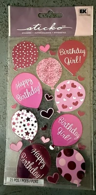 Sticko Happy Birthday Girl! Pink Balloons Dots & Hearts Party Scrapbook Stickers - Image 1 of 3
