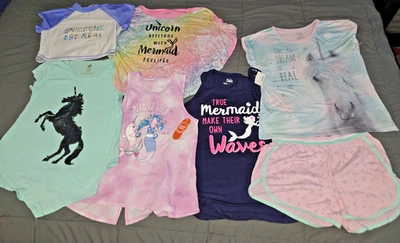 Lot Of 7 Girl's 14/16 Tops Blouses Shirts Pajamas Unicorns Mermaids Sequins Cute - Image 1 of 4