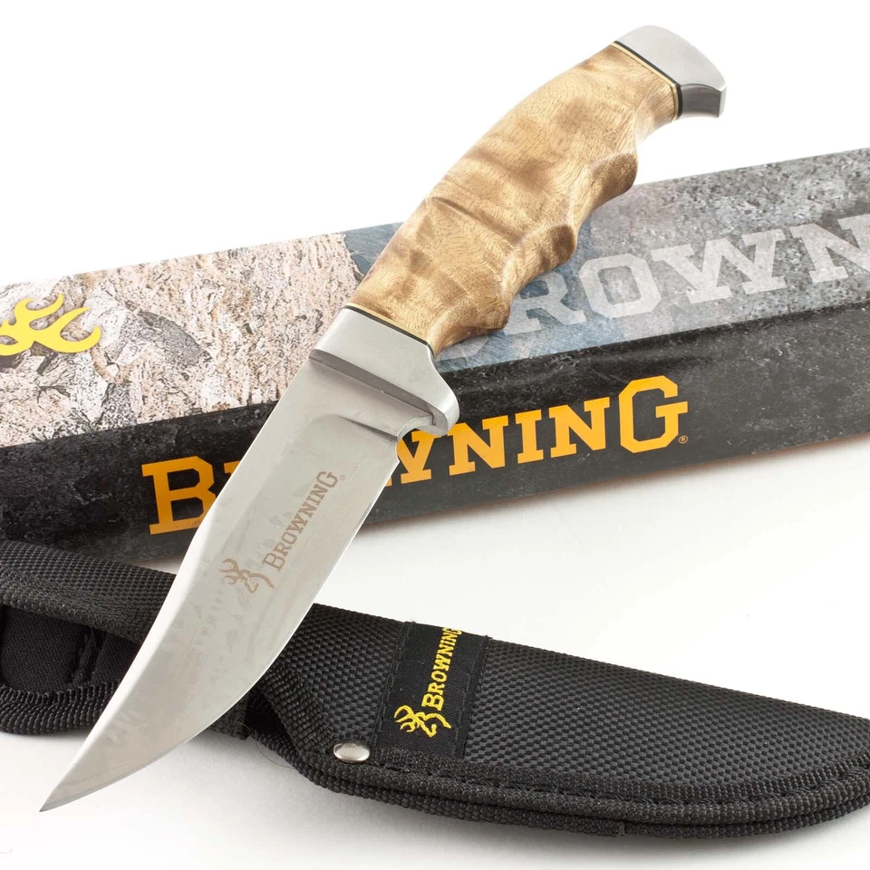 Cuchillo de caza de hoja fija con asas de madera Browning Burl BR537 vaina cazador Foto 1 de 2