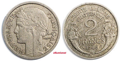 Francia Aluminio 1945 - C 2 Francos Fecha Clave Tonificada 27mm KM# 886a.3 (4117) Foto 1 de 3