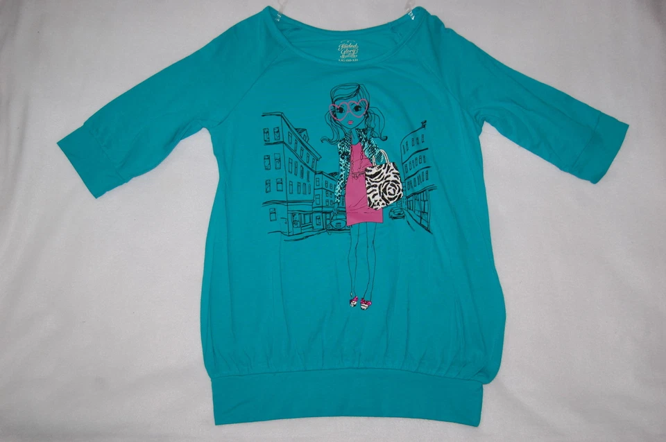 Girls Shirt TEAL GREEN LONG TUNIC Banded Bottom FASHION GIRL Zebra Purse L 12 - Image 1 of 1