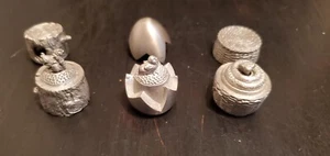 3 Vintage 2pc Thimbles Pewter Chick in Egg, Snake in Basket, Bird in Tree Nice - Picture 1 of 4