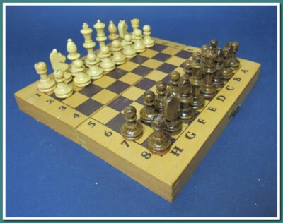 Vintage travel wood chess -Vintage small chess set 1980-game box-handmade mini - Image 1 of 4