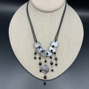 Abalone Disc Bib Statement Necklace Black Dangling Beaded - Picture 1 of 6