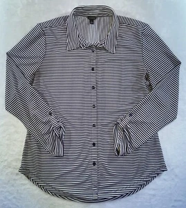 Top Ann Taylor Azul Profundo Blanco Rayas Mujer L Botón Frontal Pestaña Enrollable Mangas - Imagen 1 de 17