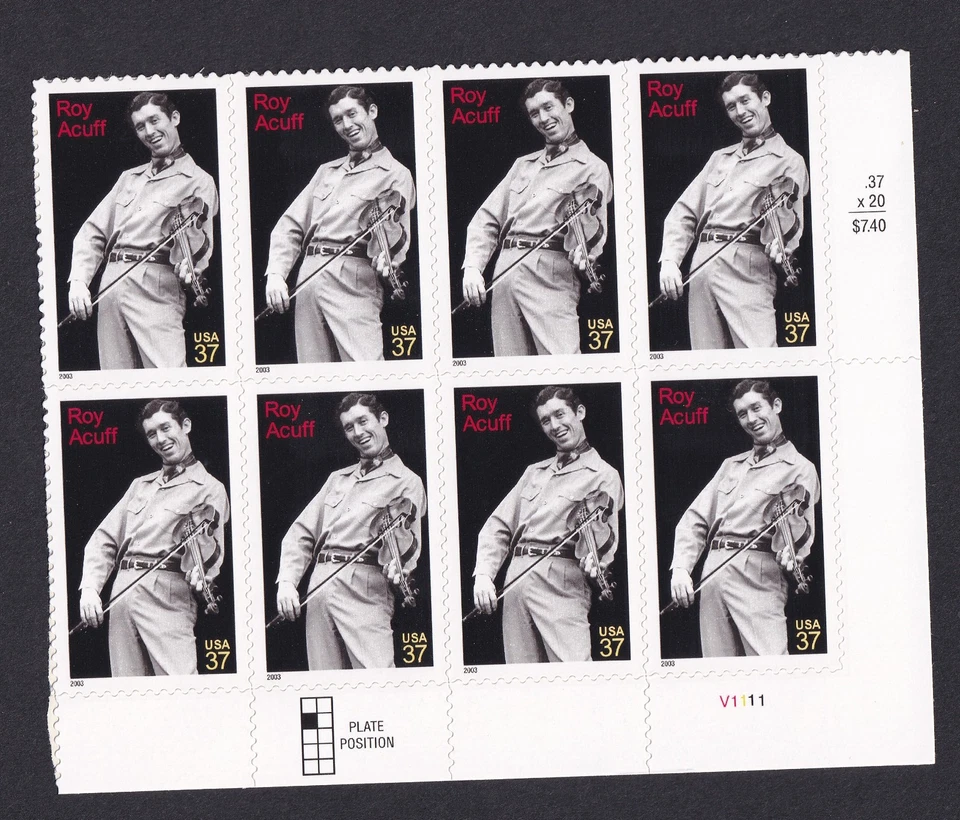 Scott #3812 Roy Acuff (Fiddle) Plate Block of 8 Stamps - MNH - Image 1 of 1