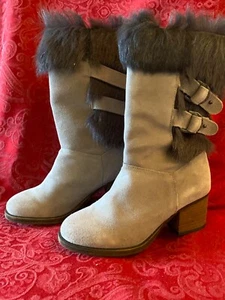 Bearpaw Gray Fog Suede Madeline Boots Sz 7 with goat fur trim - Picture 1 of 6