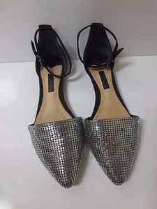 SCHUTZ Black Suede Silver Chainmaille Ankle Strap Flat Shoes 6B NEW NO BOX - Picture 1 of 4
