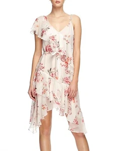 Lover Size 8 Pink Floral V Neck Asymmetric Ruffle Tie Belt Cocktail Mini Dress - Picture 1 of 12