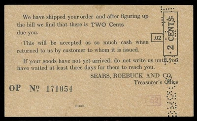 POSTAL HISTORY - UX27 POSTAL CARD REFUND CHECK FROM SEARS ROEBUCK - Image 1 of 3