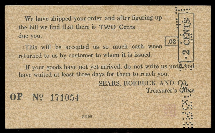 POSTAL HISTORY - UX27 POSTAL CARD REFUND CHECK FROM SEARS ROEBUCK - Image 1 of 3