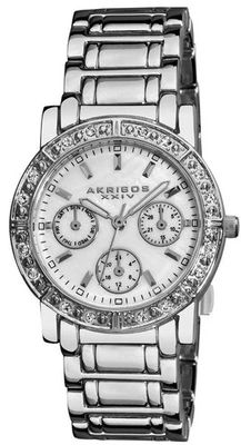 Akribos XXIV AK530SS Day Date GMT MOP Dial Crystal Bezel Silvertone Womens Watch - Image 1 of 4