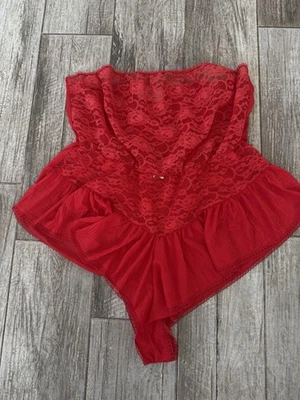 Vtg Strapless Sheer Red Lace Nylon Romper Negligee Lingerie Pleated Skirt XL - Image 1 of 4