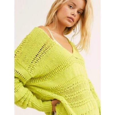 NWT Free People Hot Tropics Knit Pullover Sweater Neon Limelight V Neck Tunic XS - Image 1 of 4