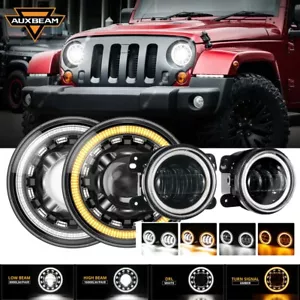 AUXBEAM 7" Round LED Headlight DRL+4" Fog Lights For Jeep Wrangler JK 2007-18 - Picture 1 of 12