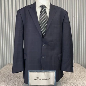 Peter Millar Blazer Jacket Men's 48R Navy Check 100% Wool 2 Button Sport Coat - Picture 1 of 19