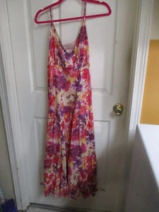 Y2K Adini Bright Watercolors Floral Cotton Long Tiers Strappy Sun Dress  SZ M - Picture 1 of 15