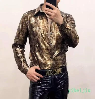 Змеиный принт леопард глянцевая рубашка мужчин Sim плюс размер ночной клуб сексуальный топ с длинным рукавом - Изображение 1 из 4