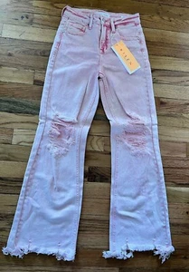 RISEN High Rise Wide Leg Jeans-Acid Pink 24”Waist Size 0/24 Blow Out Knees - Picture 1 of 8