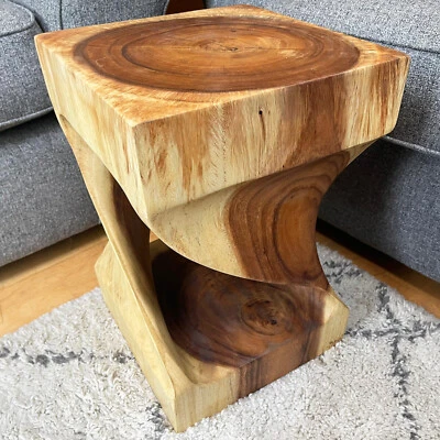 Twisted Teak Stool Indoor Hand Crafted Wood Lamp Table Square Rustic Plant Stand