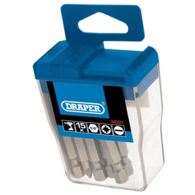 Draper 34221 Plain Pozi Insert Bits - 50mm S2 Steel + Storage Case 1/4" Hex 15PC - Image 1 of 4