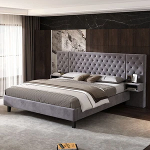 King Platform Bed Modern Velvet Upholstered Platform Bed W/2 Nightstands 231G - Picture 1 of 8