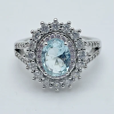 Anillo de plata de ley 925 ovalado azul circonita cúbica doble halo acentuado talla 6 Foto 1 de 4