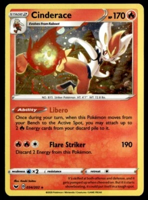 Pokémon TCG Cinderace Sword & Shield Base Set 034/202 Regular Rare - Image 1 of 2