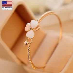 Fashion Women Gold Open Jewelry Bracelet Crystal Cat Eye Opal Bow Style Girl - Picture 1 of 6