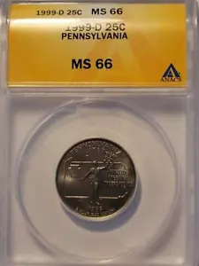 1999 D 25C STATE QUARTER PENNSYLVAINIA ANACS MS 66 #K199 - Picture 1 of 4