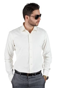 Off White Ivory Tailored Slim Fit Men's Dress Shirt Spread Collar By AZAR MAN - Picture 1 of 5