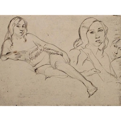 Frauenakt Halbakt liegend Kopfstudie unleserlich signiert Radierung 1920er Jahre - Bild 1 von 3