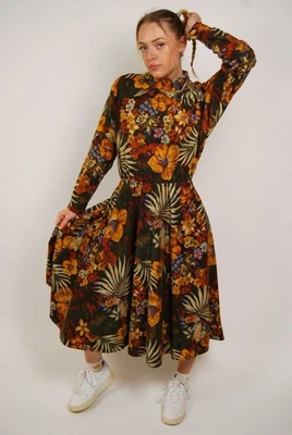 80s Floral Dress (M) brown vintage tropical orange mockneck secretary medium - Image 1 of 4