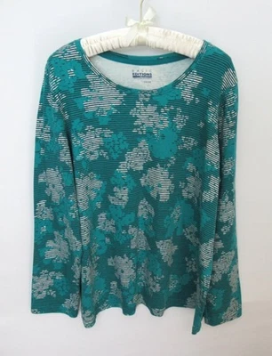 Basic Editions green floral striped 100% cotton long sleeve tee *Sz 1X* - Image 1 of 3