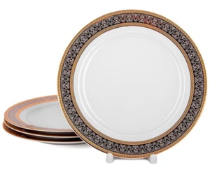 4-pc Greek Wave Euro Porcelain DESSERT PLATES Czech Luxury Dinnerware Black Gold - Picture 1 of 13
