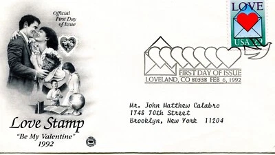 1992 Love Stamp Be My Valentine Envelope & Heart #2618 FDI Stamp & Cover PCS - Image 1 of 3