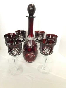 BOHEMIAN 6 Crystal RUBY RED WINE GLASS & DECANTER SET, Hand Cut 7 PIECES - Picture 1 of 12