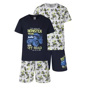 Boys 2 Pack Short Pyjamas Monster Truck Off Road Nightwear PJ Sets 9 to 16 Years - Picture 1 of 3
