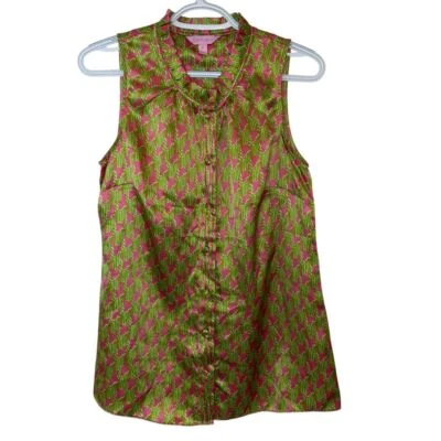 Blusa Lilly Pulitzer Crissa Top Estampada Martillo Seda Cuello Volantes Pata de Gallo 6 Foto 1 de 4