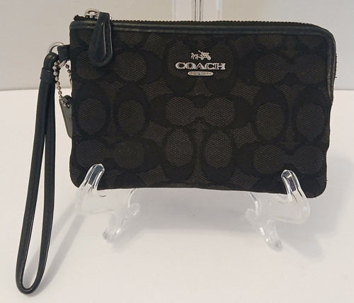 Borsa Coach Angolare Zip Firmata Jacquard Tela Nera Braccialetto Cinturino Pelle