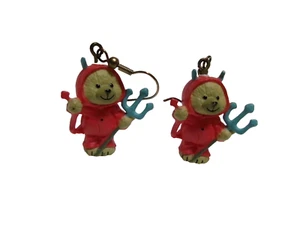 Vintage Brown Bear wearing Little Red Devil Costume Dangle Earrings - Picture 1 of 14