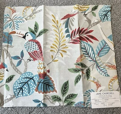 Jane Churchill Fabric Sample 17” x 16” Indira Teal Whimsy Toucan Leaves Crafts - Image 1 of 4