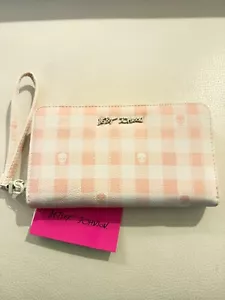 NWT BETSEY JOHNSON ZA WALLET WRISTLET XOZIP G PINK MULTI W SKULLS GINGHAM BAG - Picture 1 of 6