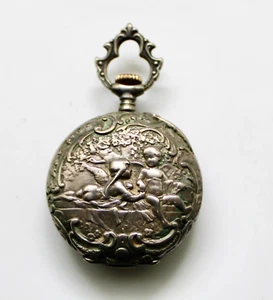 Longines? Antiguo reloj de bolsillo con colgante de querubín de plata de ley, c. 1900, funciona - Imagen 1 de 6