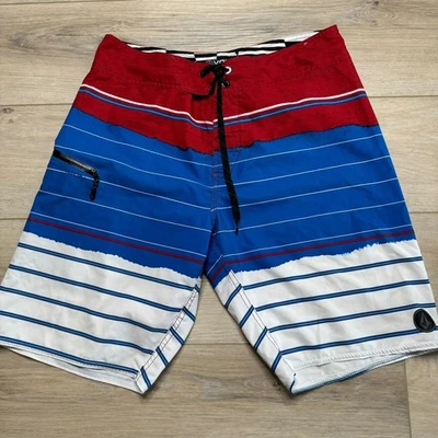 Volcom ModTech Swim Board Shorts Mens Size 30 Red White Blue Striped - Image 1 of 4