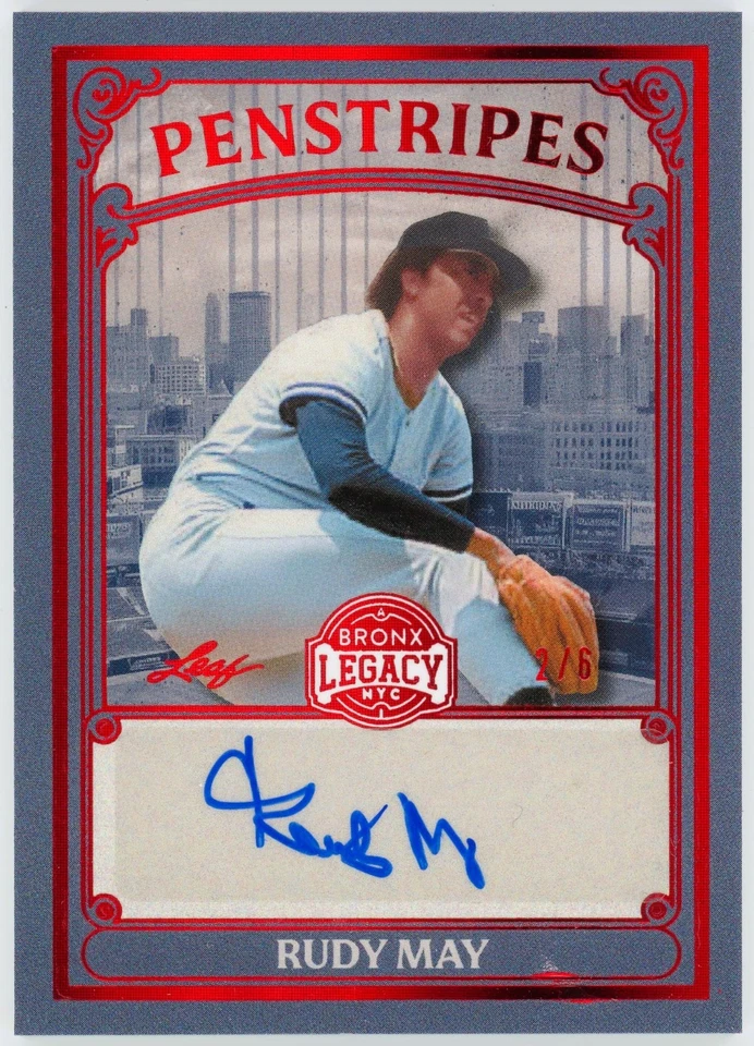 2025 Leaf Bronx Legacy Rudy May (2/6) Penstripes Auto Spectrum Red Holofoil * - Image 1 of 2