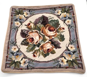 Handmade Wool Needlepoint Cross Stitch Floral Decorative Throw Pillow Case 16x16 - Picture 1 of 7