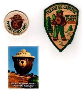 Smokey The Bear, 2 Vintage Patches, Recent Baseball Card, Prevent Forest Fires - Picture 1 of 1