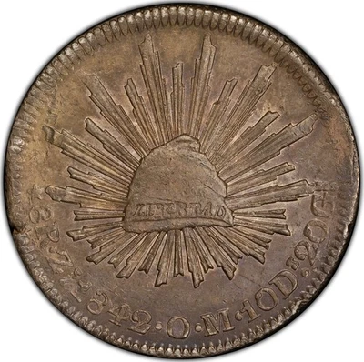 México Plata 8 Reales 1842-Zs OM Zacatecas Como Nuevo PCGS AU-58! Escudo dorado. Raro Foto 1 de 4